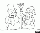 Snowmen with scarfs, hats and a broom