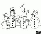 Snowmen watching as one of them makes jugglings with snowballs