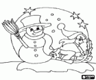 Snowman under the stars near a girl who goes in sleigh