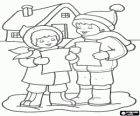 Children singing Christmas carols in the street in front of a house