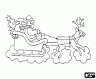 Santa Claus in its magical flying sleigh pulled by a Christmas reindeer and carrying a lot of presents