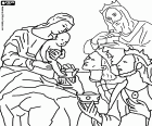The Three Kings delivering their gifts, gold, frankincense and myrrh, to the infant Jesus in the arms of his mother Mary