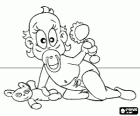 Baby crawling with a pacifier in the mouth, a baby's rattle and a teddy bear in the hands