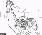 Spiderman with a young woman in his arms hung of a spiderweb by the sky of the city