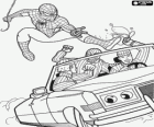 Spider Man jumping on a convertible car with thieves and their booty