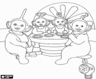The four Teletubbies with the bibs seated to the table at meal time