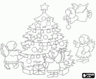 Angels decorating a Christmas tree with stars and balls