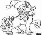 Horse with Santa Claus hat, bell in the neck and bow in the tail for Christmas