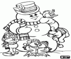 Snowman with his animal friends: a few birds, a dog and a cat, all with caps and hats, all with caps and hats