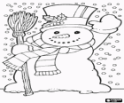 Snowman with hat, scarf and broom during a snowfall