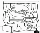 Girl sleeping happy on Christmas night while Santa Claus flying with his magical sleigh goes in front of her window