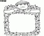 Frame for a drawing made with leaves and a boy with a cap who wants to pick them with the hands
