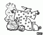 Witch in the Halloween night with the boiling cauldron, the pumpkin and the cat
