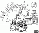 Children dressed as monsters and witches in front of a haunted house with ghosts on Halloween night