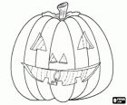 Big Halloween pumpkin with a carved face and a lit candle inside or Jack-o'-lantern