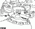 Head of Rudolph, the red-nosed reindeer, with its necklace of jingle bells in the woods