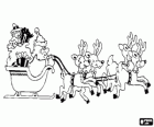 Christmas sleigh pulled by magical reindeers and loaded with gifts, Santa Claus and an elf