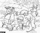Children planting small trees in the garden under an autumn rain