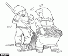 A boy and a girl picking fallen leaves in autumn with a rake and a bucket