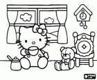 Hello Kitty drinking with a cup in front of the window with her teddy bear Tiny Chum
