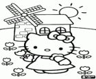 Hello Kitty picks poppies while strolling past a windmill in the field
