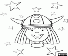 Vicky the Viking smiling with his helmet with horns and between stars