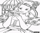 Barbie in a dress decorated with roses holding in her hands a small bird next to its cage 