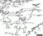 Group of Cro-Magnon hunters chasing a deer with spears