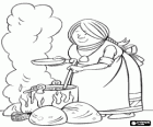 Ylva, the boss's wife and mother of Vicky, cooking