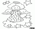 Christmas angel happy above the clouds between the stars