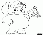 Elephant with a Santa Claus hat and Christmas tree in the tube