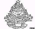 Christmas Tree smiling and happy with the ornaments for the celebrations and with the gifts under