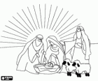 Jesus in the manger with Joseph, Mary and a shepherd with his sheeps