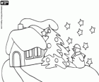 House with the chimney smoking with a Christmas tree and a snowman under the stars