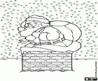 Santa Claus coming down the chimney under a heavy snowfall
