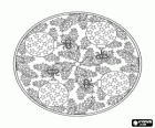 Mandala with Christmas decorations from fir leaves and Christmas baubles or balls with stars