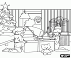Children opening a huge Christmas present under the eyes of Santa Claus