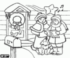 Girls singing carols with her dog in front of a house