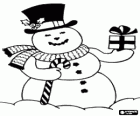 Snowman wearing hat and scarf, with a cane and a gift in hands