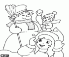 Children playing with a snowman