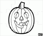 Puzzle of Jack-o'-lantern or Jack O'Lantern, Halloween typically carved pumpkin with a monstrous face illuminated within a candle
