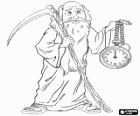 Father Time as a personification of the old year, an elderly bearded man dressing a robe, carrying a scythe and a pocketwatch