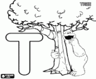 Letter T with Cookie Monster hugging a tree
