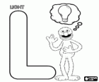 Letter L with Grover thinking about a light bulb for the light