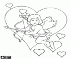 Cupid with bow and arrow among many hearts