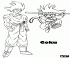 Goku child jumping and Goku adult, a human with monkey tail