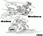 Bulma in search of the Dragon Balls with the help of her technological vehicles and Goku