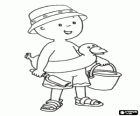 Caillou at the beach with a hat, a float, a bucket and shovel for sand play