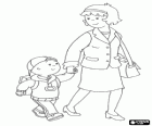 Caillou goes to school with his backpack and her mother's hand