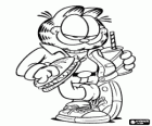 Garfield eating a sandwich and drinking a soda with cane